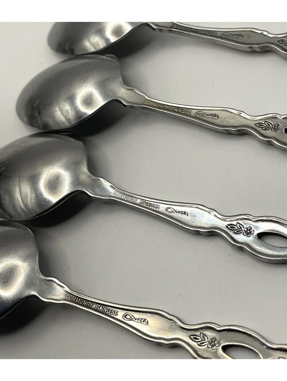 4- Oneida Community FANTASY Burnished Stainless Pierced Hndl Teaspoon Lot ~ 6”